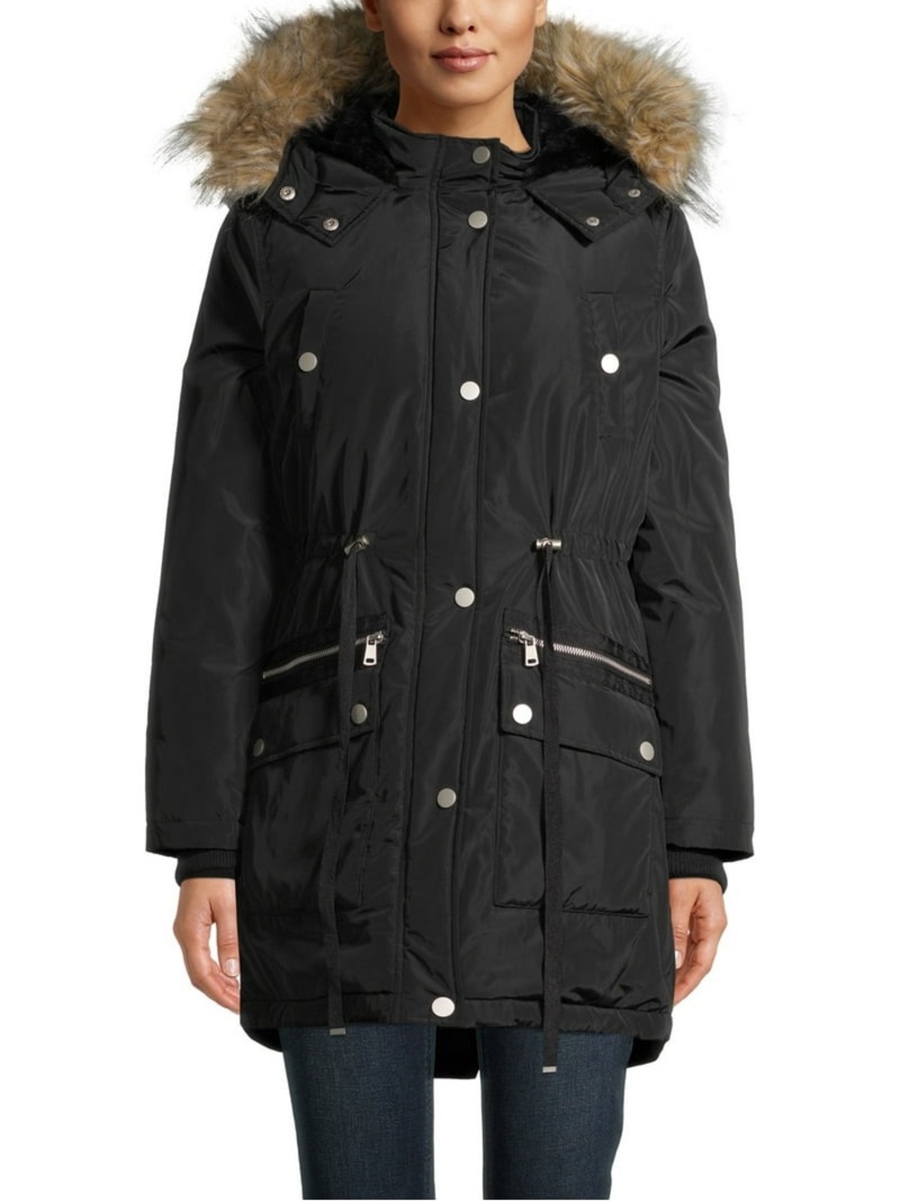 Time and Tru Black Faux-Fur Trim Puffer Parka Heavyweight Anorak Winter Warm